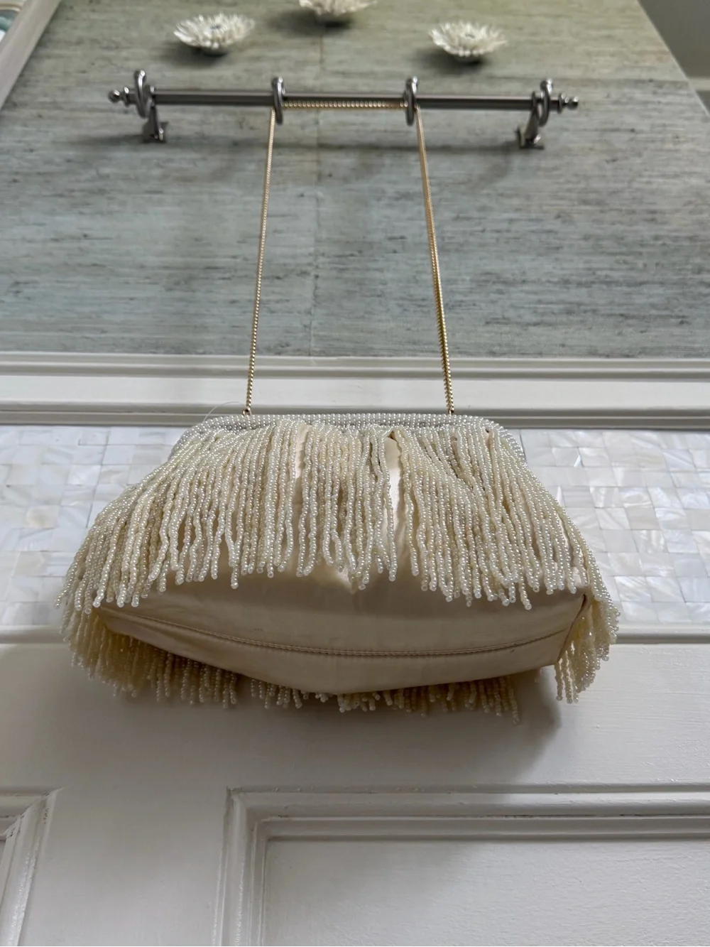 NWOT new beaded long Fringe clutch crossbody bag chain white cream wedding